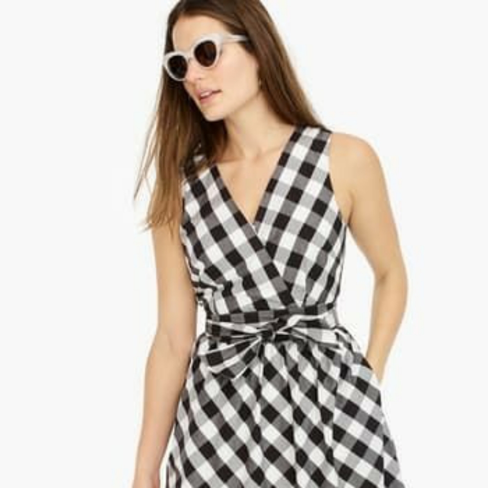 🌸J Crew Faux Wrap Gingham Poplin Midi DressSz 6